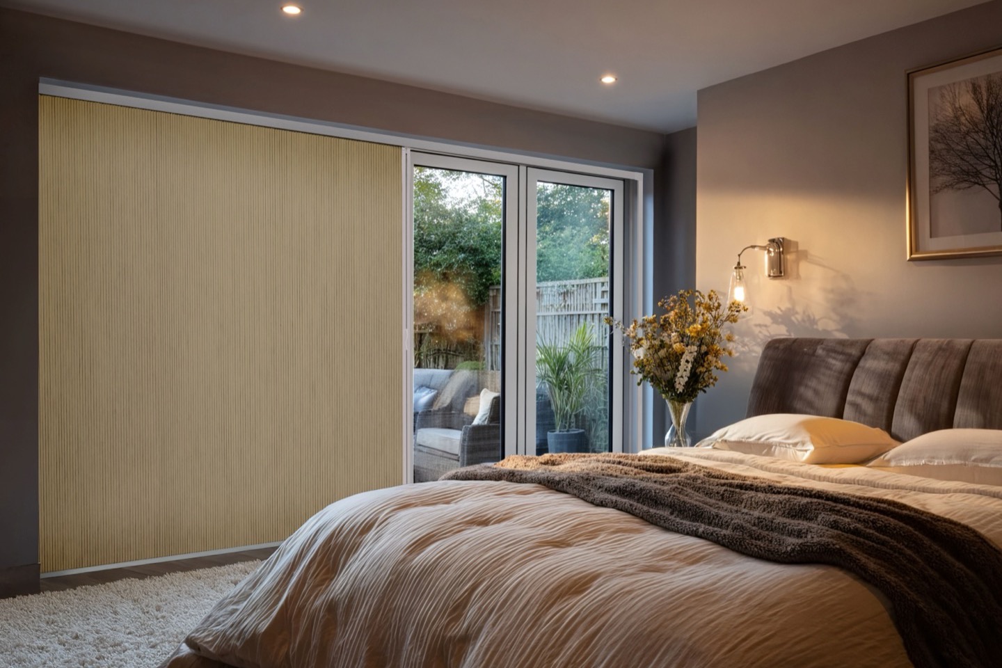 Blind Screen&reg; 02 drawn across bedroom patio doors