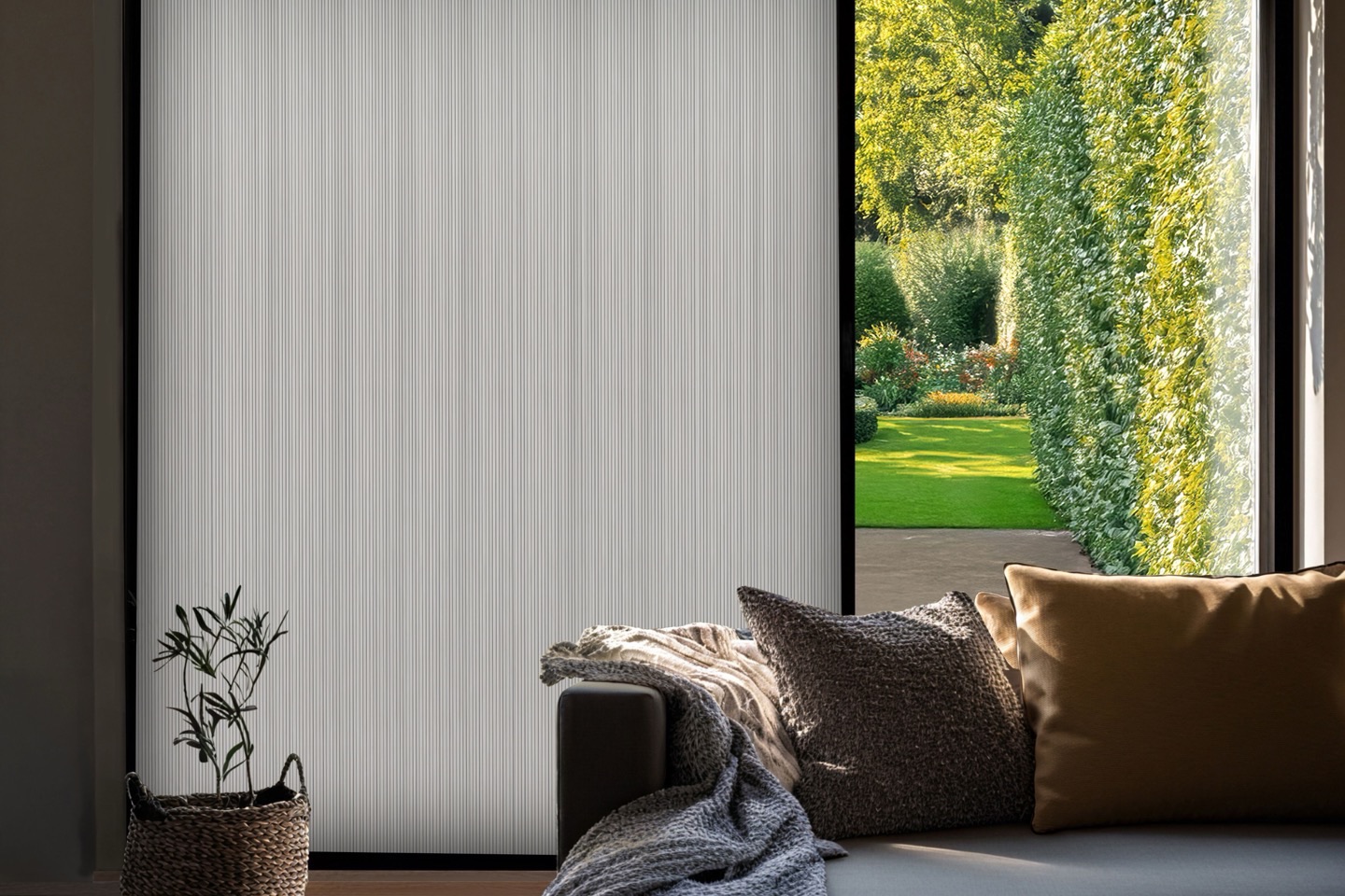 Blind Screen&reg; drawn part way across a sliding door onto a garden